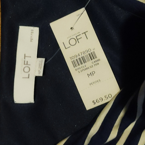 Loft, blue and beige stripes dress, side ruched, M petite, NWT - Picture 4 of 7